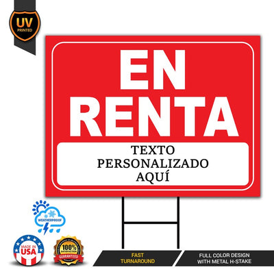 Custom For Rent Yard Sign Personalized - Coroplast Long Lasting Se Alquila Firmar, Custom En RENTA Yard Sign with Metal H-Stake