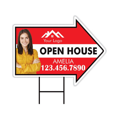 Custom Open House Arrow Yard Sign 18" x 24", 2 Sided Add Your Text, Logo, Photo Personalized Open House Directional Signs with Metal H-Stake