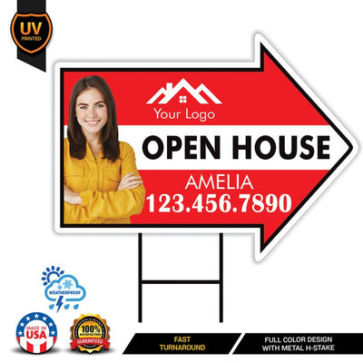 Custom Open House Arrow Yard Sign 18" x 24", 2 Sided Add Your Text, Logo, Photo Personalized Open House Directional Signs with Metal H-Stake