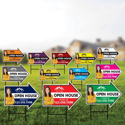 Custom Open House Arrow Yard Sign 18" x 24", 2 Sided Add Your Text, Logo, Photo Personalized Open House Directional Signs with Metal H-Stake