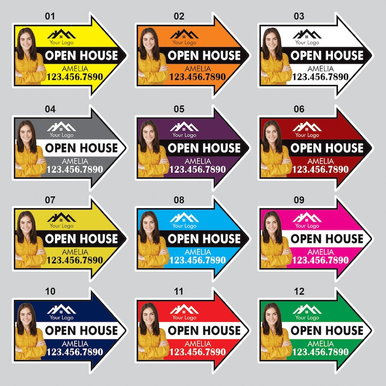 Custom Open House Arrow Yard Sign 18" x 24", 2 Sided Add Your Text, Logo, Photo Personalized Open House Directional Signs with Metal H-Stake