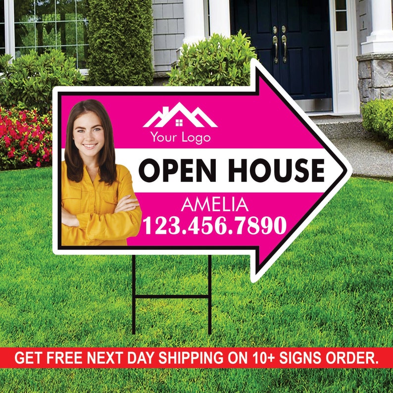 Custom Open House Arrow Yard Sign 18" x 24", 2 Sided Add Your Text, Logo, Photo Personalized Open House Directional Signs with Metal H-Stake