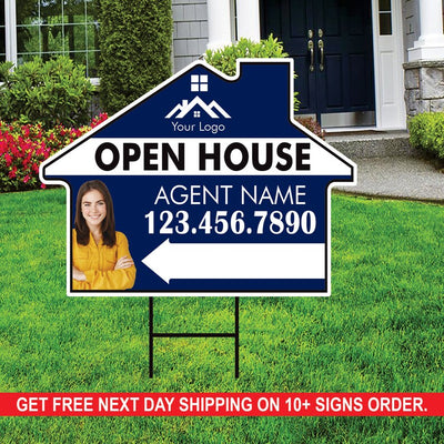 10 Pack Custom Open House Arrow Yard Sign 18" x 24", 2 Sided Add Your Text, Logo, Photo Personalized Directional Signs with Metal H-Stake