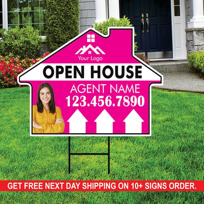 10 Pack Custom Open House Arrow Yard Sign 18" x 24", 2 Sided Add Your Text, Logo, Photo Personalized Directional Signs with Metal H-Stake