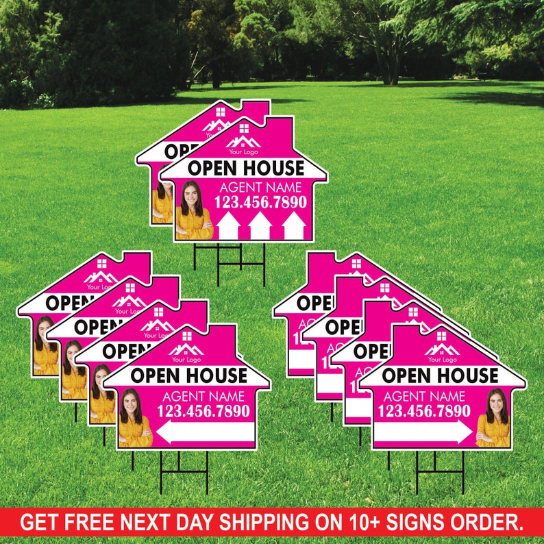 10 Pack Custom Open House Arrow Yard Sign 18" x 24", 2 Sided Add Your Text, Logo, Photo Personalized Directional Signs with Metal H-Stake
