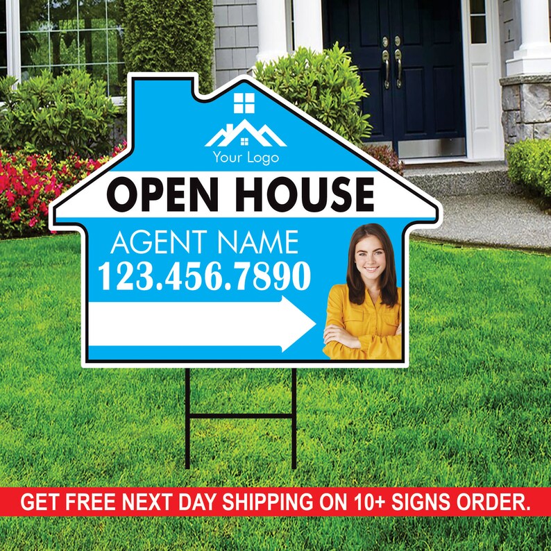 10 Pack Custom Open House Arrow Yard Sign 18" x 24", 2 Sided Add Your Text, Logo, Photo Personalized Directional Signs with Metal H-Stake