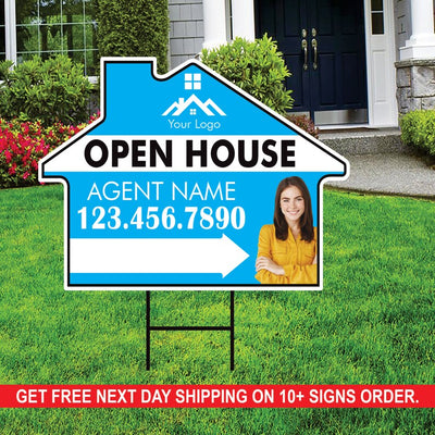 10 Pack Custom Open House Arrow Yard Sign 18" x 24", 2 Sided Add Your Text, Logo, Photo Personalized Directional Signs with Metal H-Stake