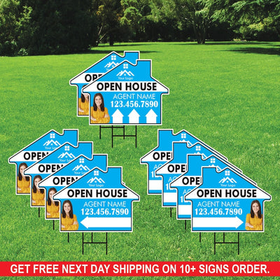 10 Pack Custom Open House Arrow Yard Sign 18" x 24", 2 Sided Add Your Text, Logo, Photo Personalized Directional Signs with Metal H-Stake