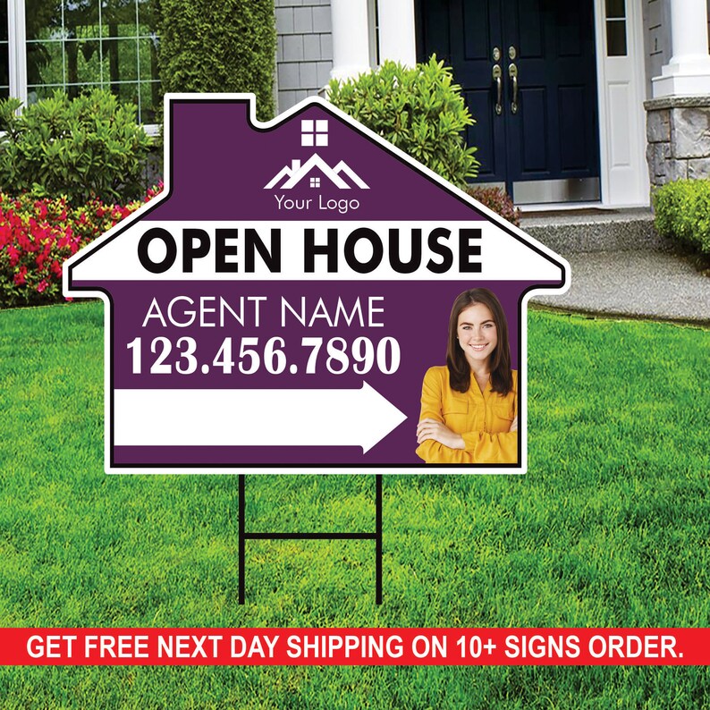 10 Pack Custom Open House Arrow Yard Sign 18" x 24", 2 Sided Add Your Text, Logo, Photo Personalized Directional Signs with Metal H-Stake