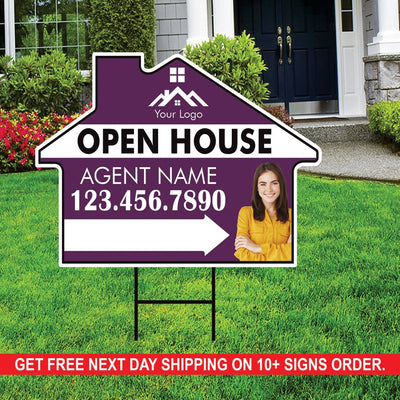 10 Pack Custom Open House Arrow Yard Sign 18" x 24", 2 Sided Add Your Text, Logo, Photo Personalized Directional Signs with Metal H-Stake