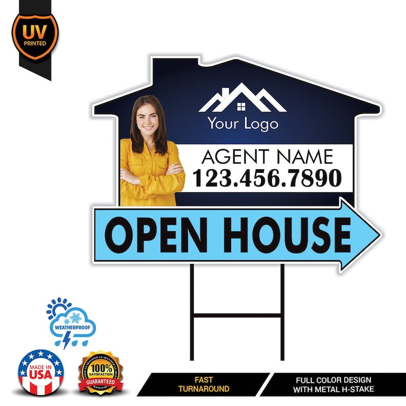 10 Pack Custom Open House Arrow Yard Sign 18" x 24", 2 Sided Add Your Text, Logo, Photo Personalized Directional Signs with Metal H-Stake
