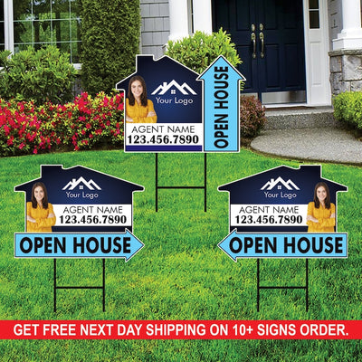10 Pack Custom Open House Arrow Yard Sign 18" x 24", 2 Sided Add Your Text, Logo, Photo Personalized Directional Signs with Metal H-Stake