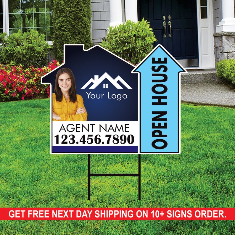 10 Pack Custom Open House Arrow Yard Sign 18" x 24", 2 Sided Add Your Text, Logo, Photo Personalized Directional Signs with Metal H-Stake