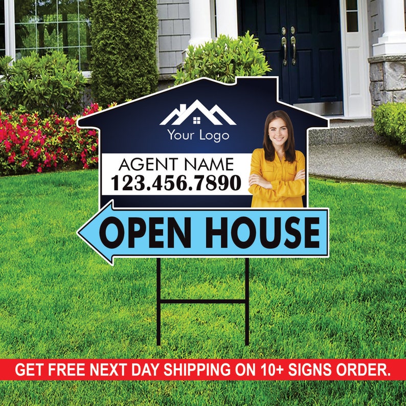 10 Pack Custom Open House Arrow Yard Sign 18" x 24", 2 Sided Add Your Text, Logo, Photo Personalized Directional Signs with Metal H-Stake