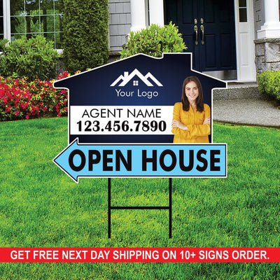 10 Pack Custom Open House Arrow Yard Sign 18" x 24", 2 Sided Add Your Text, Logo, Photo Personalized Directional Signs with Metal H-Stake