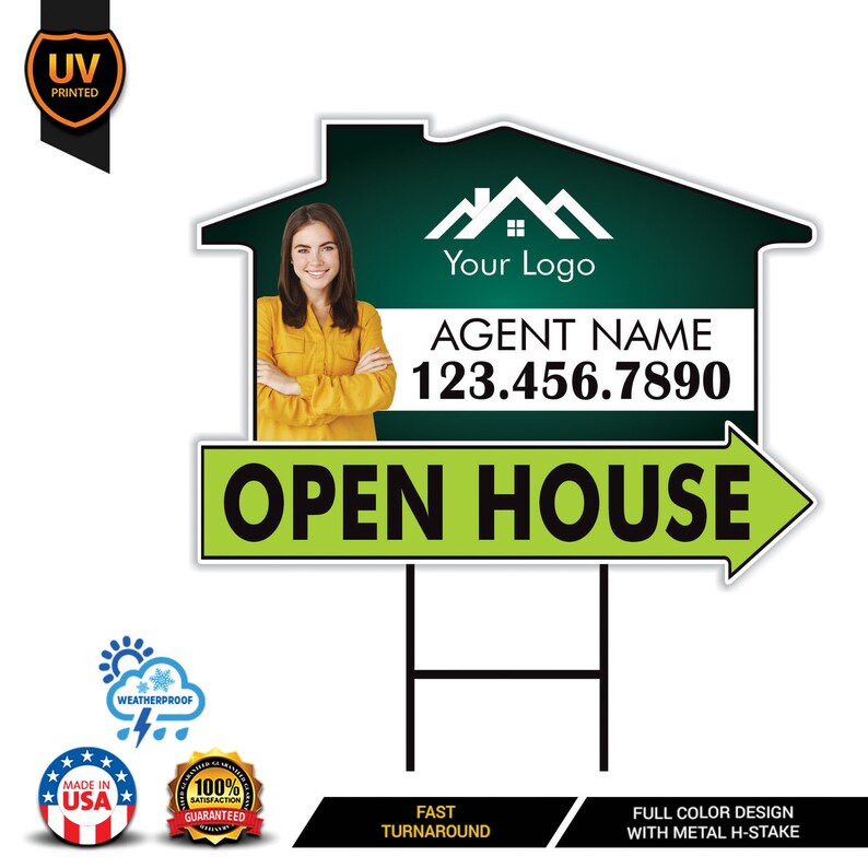 10 Pack Custom Open House Arrow Yard Sign 18" x 24", 2 Sided Add Your Text, Logo, Photo Personalized Directional Signs with Metal H-Stake