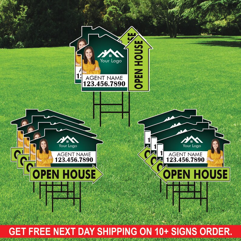 10 Pack Custom Open House Arrow Yard Sign 18" x 24", 2 Sided Add Your Text, Logo, Photo Personalized Directional Signs with Metal H-Stake