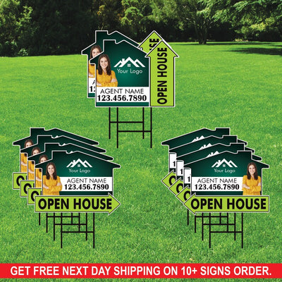 10 Pack Custom Open House Arrow Yard Sign 18" x 24", 2 Sided Add Your Text, Logo, Photo Personalized Directional Signs with Metal H-Stake