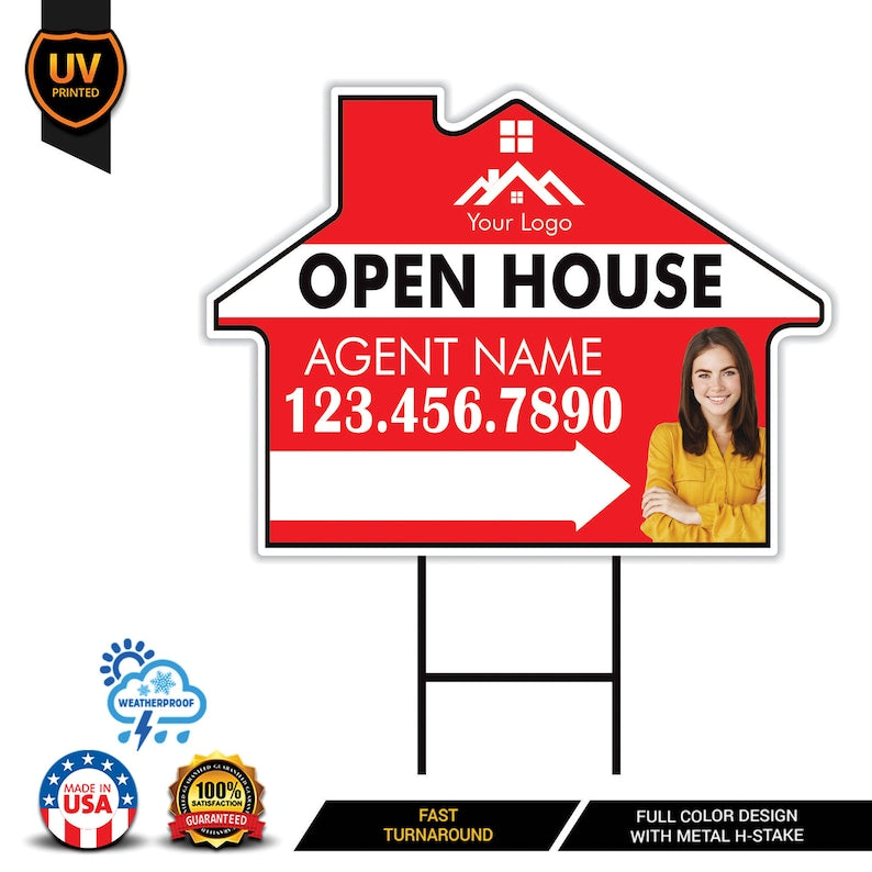 10 Pack Custom Open House Arrow Yard Sign 18" x 24", 2 Sided Add Your Text, Logo, Photo Personalized Directional Signs with Metal H-Stake