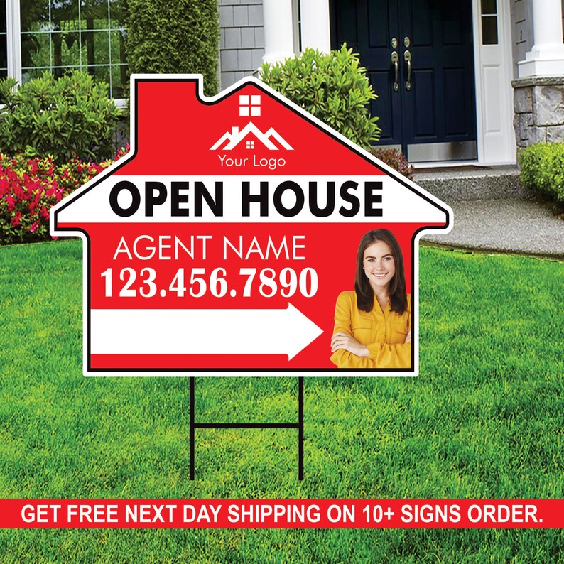 10 Pack Custom Open House Arrow Yard Sign 18" x 24", 2 Sided Add Your Text, Logo, Photo Personalized Directional Signs with Metal H-Stake