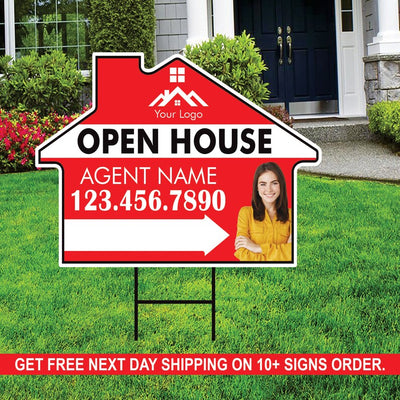 10 Pack Custom Open House Arrow Yard Sign 18" x 24", 2 Sided Add Your Text, Logo, Photo Personalized Directional Signs with Metal H-Stake