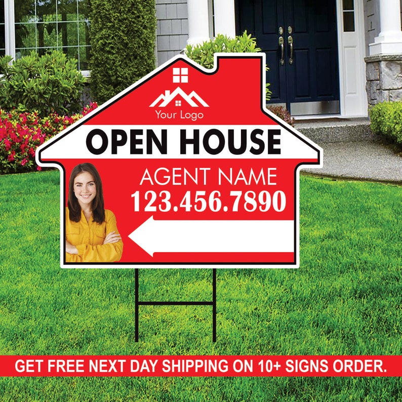 10 Pack Custom Open House Arrow Yard Sign 18" x 24", 2 Sided Add Your Text, Logo, Photo Personalized Directional Signs with Metal H-Stake