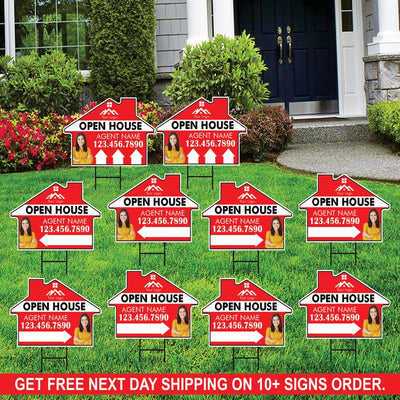 10 Pack Custom Open House Arrow Yard Sign 18" x 24", 2 Sided Add Your Text, Logo, Photo Personalized Directional Signs with Metal H-Stake