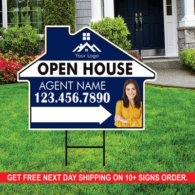 10 Pack Custom Open House Arrow Yard Sign 18" x 24", 2 Sided Add Your Text, Logo, Photo Personalized Directional Signs with Metal H-Stake