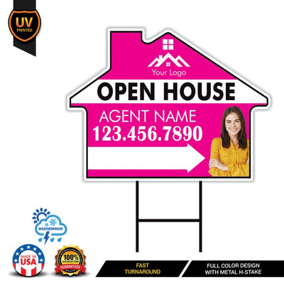10 Pack Custom Open House Arrow Yard Sign 18" x 24", 2 Sided Add Your Text, Logo, Photo Personalized Directional Signs with Metal H-Stake