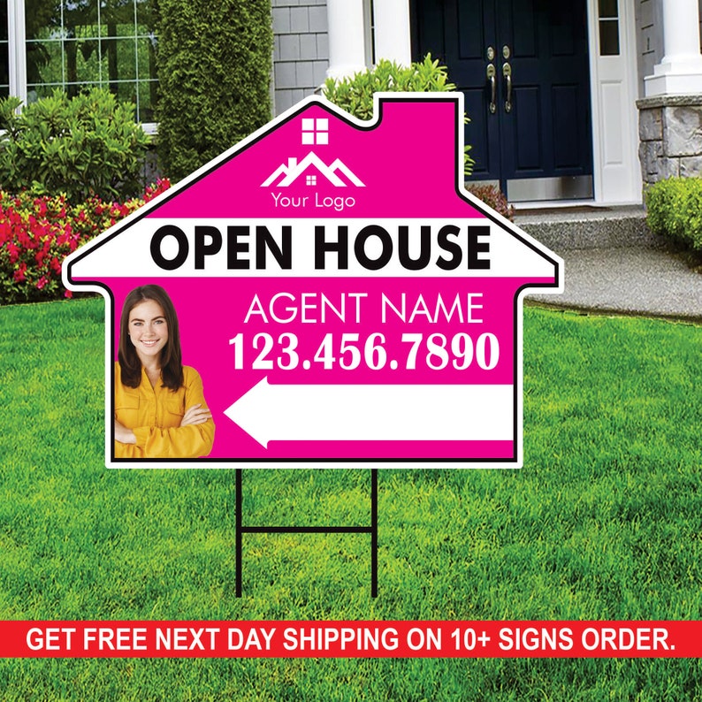 10 Pack Custom Open House Arrow Yard Sign 18" x 24", 2 Sided Add Your Text, Logo, Photo Personalized Directional Signs with Metal H-Stake