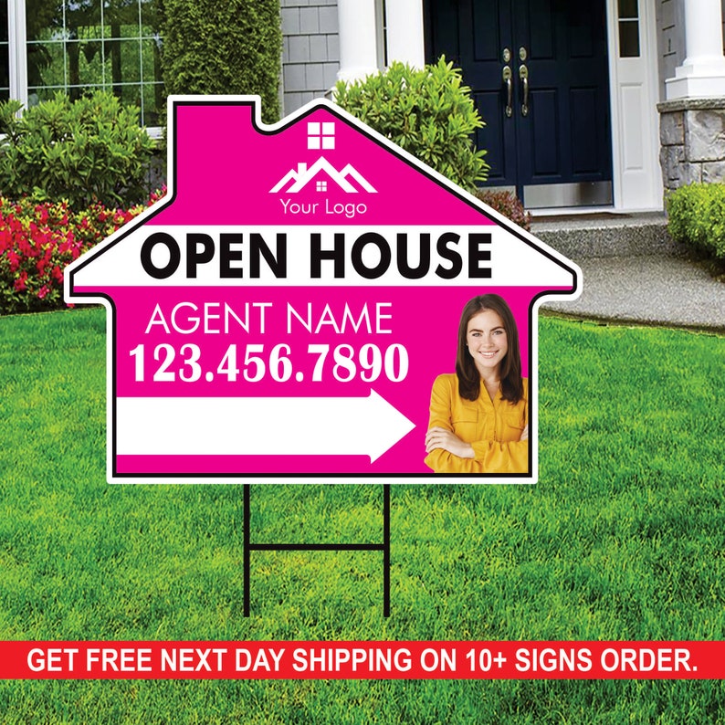 10 Pack Custom Open House Arrow Yard Sign 18" x 24", 2 Sided Add Your Text, Logo, Photo Personalized Directional Signs with Metal H-Stake