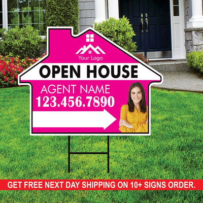 10 Pack Custom Open House Arrow Yard Sign 18" x 24", 2 Sided Add Your Text, Logo, Photo Personalized Directional Signs with Metal H-Stake