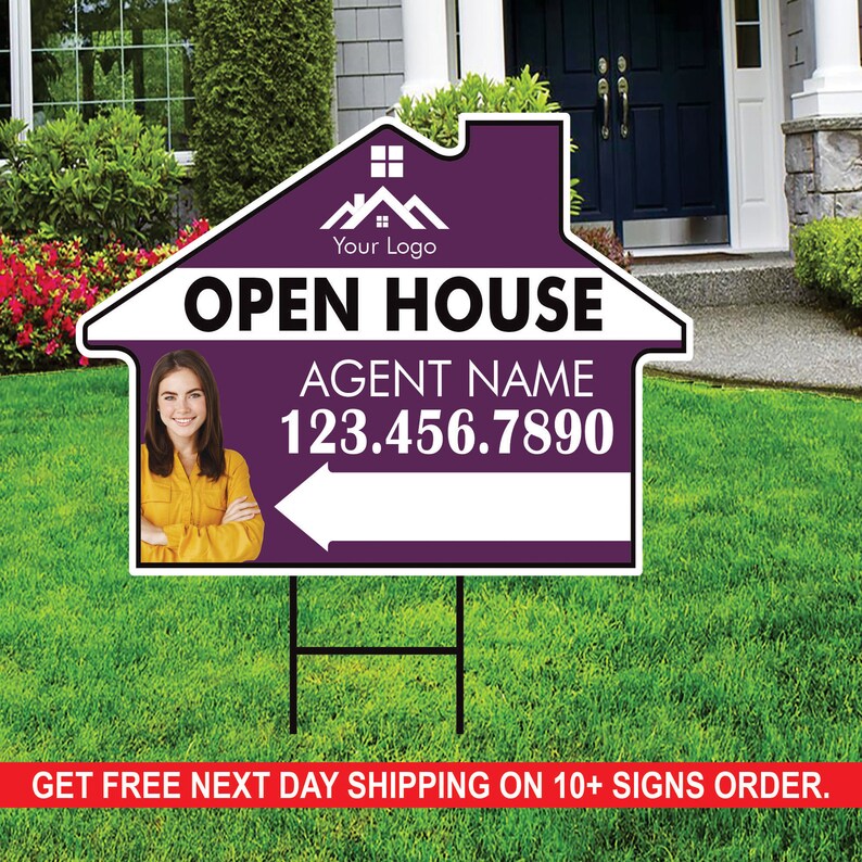 10 Pack Custom Open House Arrow Yard Sign 18" x 24", 2 Sided Add Your Text, Logo, Photo Personalized Directional Signs with Metal H-Stake