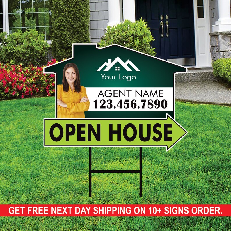 10 Pack Custom Open House Arrow Yard Sign 18" x 24", 2 Sided Add Your Text, Logo, Photo Personalized Directional Signs with Metal H-Stake