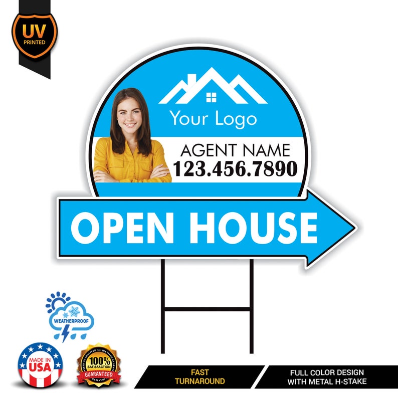 Custom Open House Arrow Yard Sign 18" x 24", 2 Sided Add Your Text, Logo, Photo Personalized Open House Directional Signs with Metal H-Stake