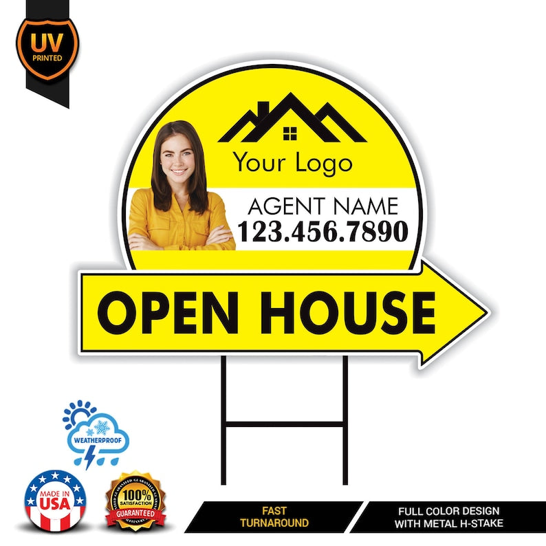 Custom Open House Arrow Yard Sign 18" x 24", 2 Sided Add Your Text, Logo, Photo Personalized Open House Directional Signs with Metal H-Stake