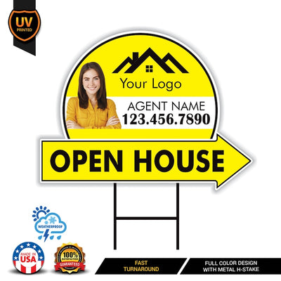 Custom Open House Arrow Yard Sign 18" x 24", 2 Sided Add Your Text, Logo, Photo Personalized Open House Directional Signs with Metal H-Stake