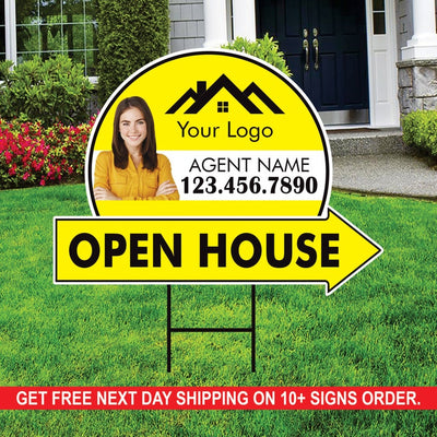 Custom Open House Arrow Yard Sign 18" x 24", 2 Sided Add Your Text, Logo, Photo Personalized Open House Directional Signs with Metal H-Stake