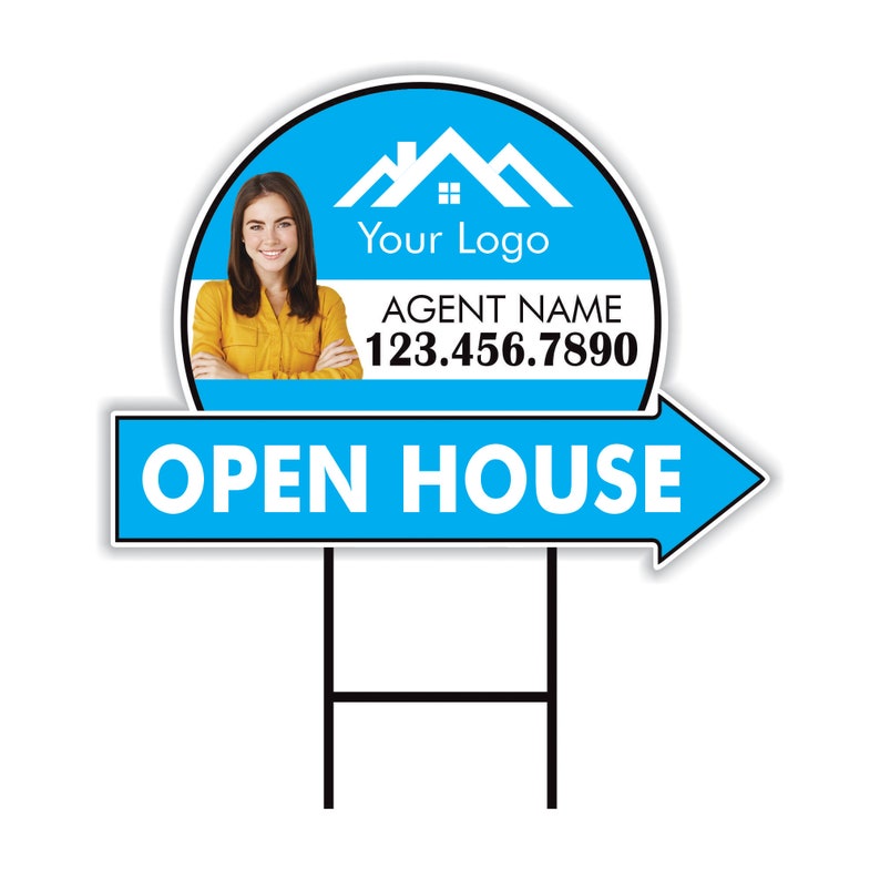 Custom Open House Arrow Yard Sign 18" x 24", 2 Sided Add Your Text, Logo, Photo Personalized Open House Directional Signs with Metal H-Stake