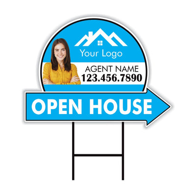 Custom Open House Arrow Yard Sign 18" x 24", 2 Sided Add Your Text, Logo, Photo Personalized Open House Directional Signs with Metal H-Stake