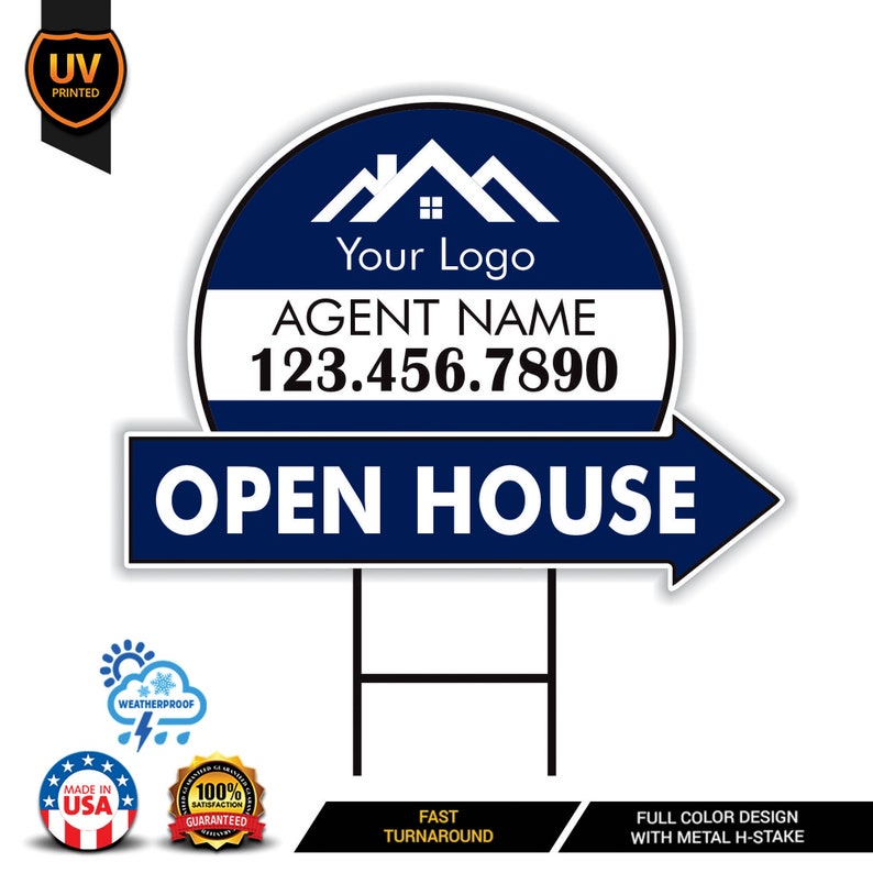 Custom Open House Arrow Yard Sign 18" x 24", 2 Sided Add Your Text, Logo, Photo Personalized Open House Directional Signs with Metal H-Stake