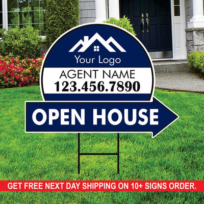 Custom Open House Arrow Yard Sign 18" x 24", 2 Sided Add Your Text, Logo, Photo Personalized Open House Directional Signs with Metal H-Stake