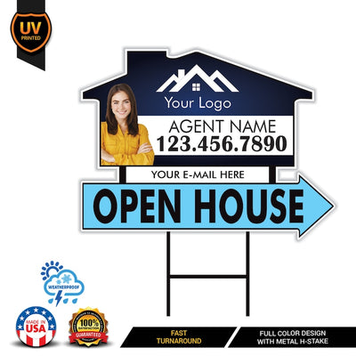 10 Pack Custom Open House Arrow Yard Sign 18" x 24", 2 Sided Add Your Text, Logo, Photo Personalized Directional Signs with Metal H-Stake