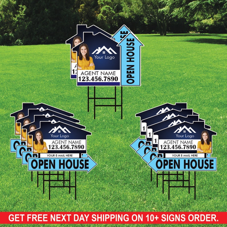 10 Pack Custom Open House Arrow Yard Sign 18" x 24", 2 Sided Add Your Text, Logo, Photo Personalized Directional Signs with Metal H-Stake