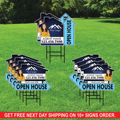 10 Pack Custom Open House Arrow Yard Sign 18" x 24", 2 Sided Add Your Text, Logo, Photo Personalized Directional Signs with Metal H-Stake