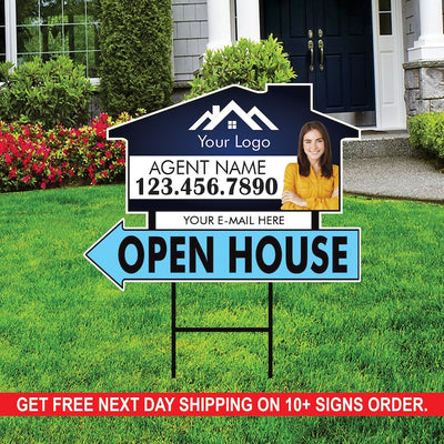 10 Pack Custom Open House Arrow Yard Sign 18" x 24", 2 Sided Add Your Text, Logo, Photo Personalized Directional Signs with Metal H-Stake