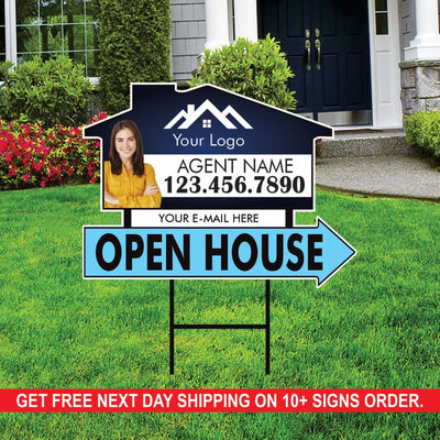 10 Pack Custom Open House Arrow Yard Sign 18" x 24", 2 Sided Add Your Text, Logo, Photo Personalized Directional Signs with Metal H-Stake