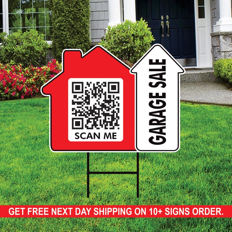 10-Pack Custom Garage Sale Arrow Yard Sign 18" x 24", 2-Sided QR CODE Real Estate, Personalized Directional Signs with Metal H-Stake