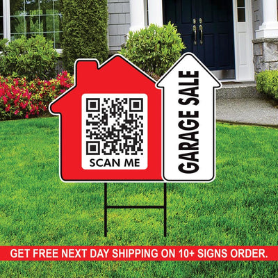 10-Pack Custom Garage Sale Arrow Yard Sign 18" x 24", 2-Sided QR CODE Real Estate, Personalized Directional Signs with Metal H-Stake