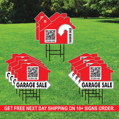10-Pack Custom Garage Sale Arrow Yard Sign 18" x 24", 2-Sided QR CODE Real Estate, Personalized Directional Signs with Metal H-Stake